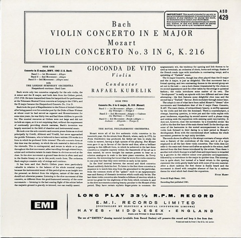 GB EMI ASD429 デ・ヴィート&クーベリック バッハ・ヴァイオリン協奏曲