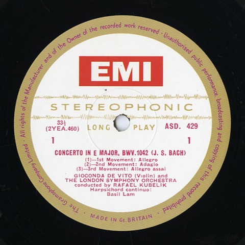 GB EMI ASD429 デ・ヴィート&クーベリック バッハ・ヴァイオリン協奏曲